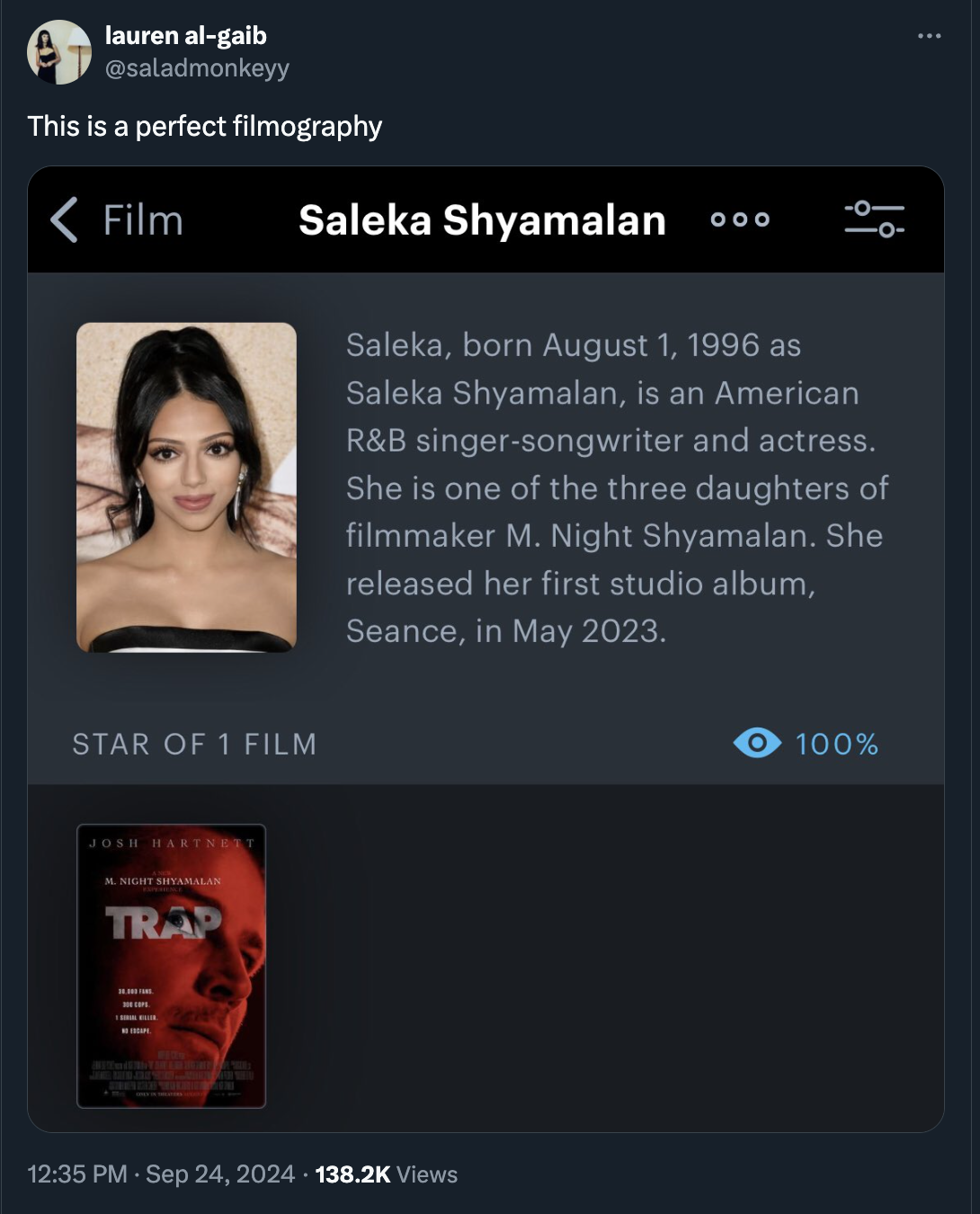 screenshot - lauren algaib This is a perfect filmography Film Saleka Shyamalan ... 0 Star Of 1 Film Joan Harteway Trap Saleka, born as Saleka Shyamalan, is an American R&B singersongwriter and actress. She is one of the three daughters of filmmaker M. Nig